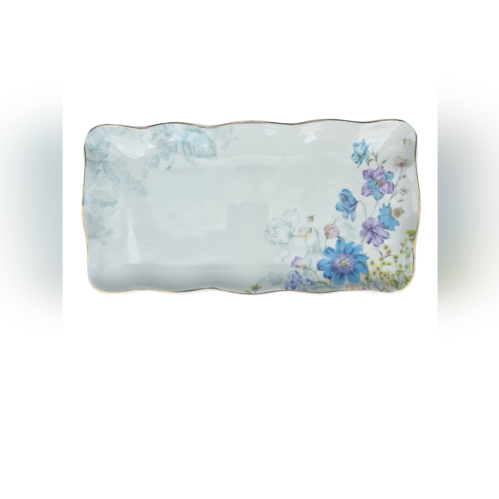 Vintage Grace's Teaware  Serving Platter Blue Flowers with Gold Scalloped Rim